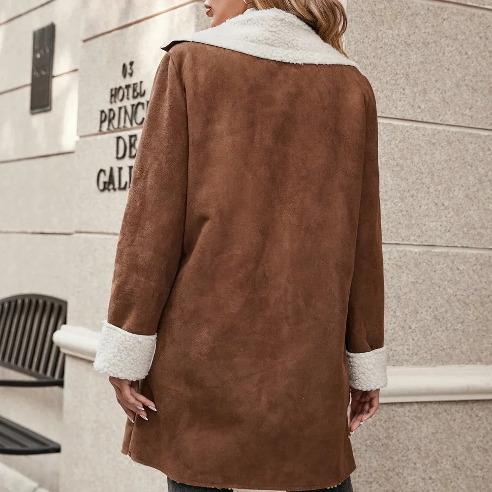 Brown Preppy Womens Lapel Collar Teddy Lined Suedette Coat - Picture 3 of 5